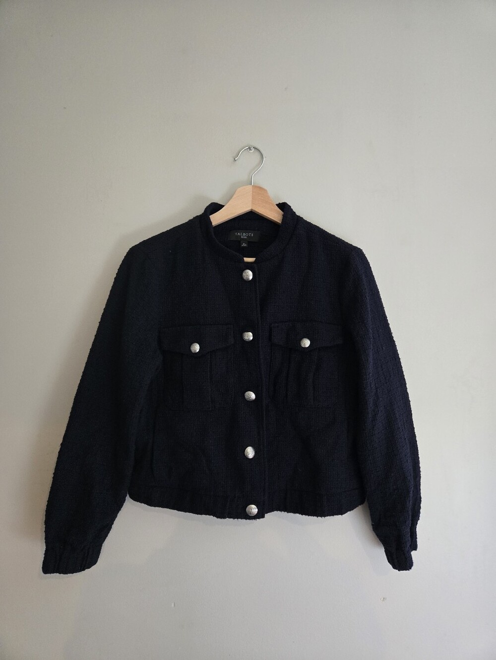 Talbots Petite Cropped Boucle Jacket MP Navy Military Preppy Academia Blazer